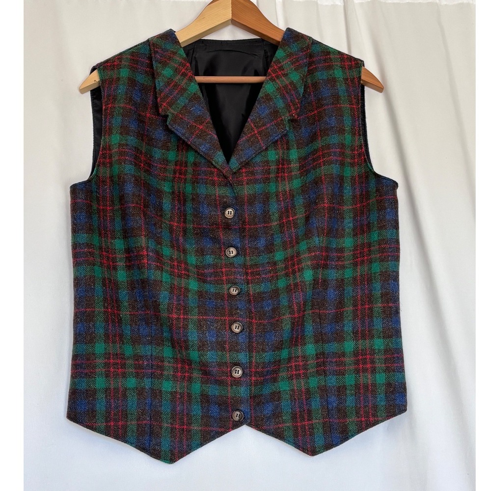 Vtg Double H Ranch Wool Plaid Vest Green Blue Medium X-Tall USA Riding Western